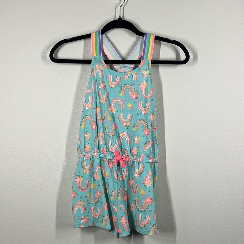 Cynthia Rowley Girls S Large 10-12 Blue Rainbow Floral Bib Overall Summer